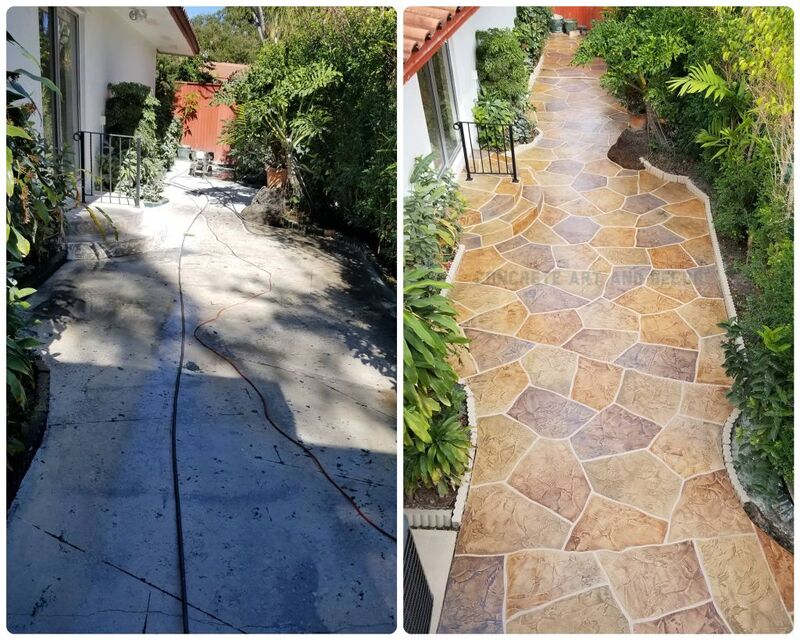 before and after image of stamped concrete walkway