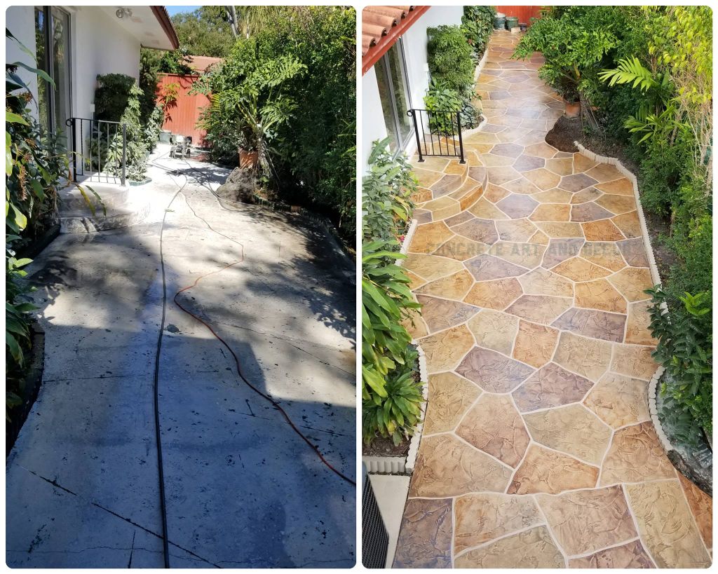 image of concrete before and after the decorative concrete process.