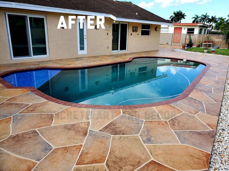 pool deck resurfaced in large stone pattern concrete overlay