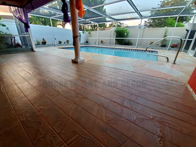 wood stamped concrete design on patio
