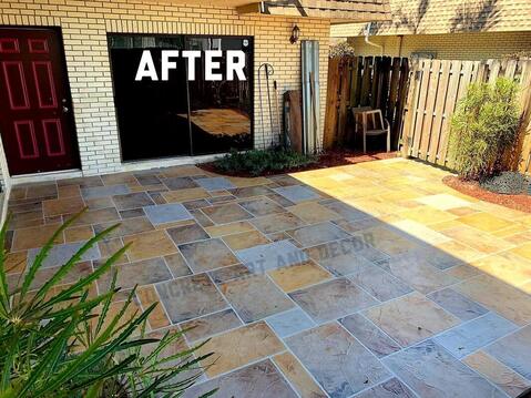 resurfaced concrete patio in multi-color geometric tile pattern