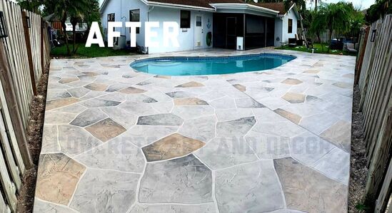 pool deck completed in stone pattern concrete overlay